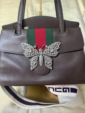 Gucci Brown Leather Top-Handle Satchel with Crystal Butterfly & Green-Red Web